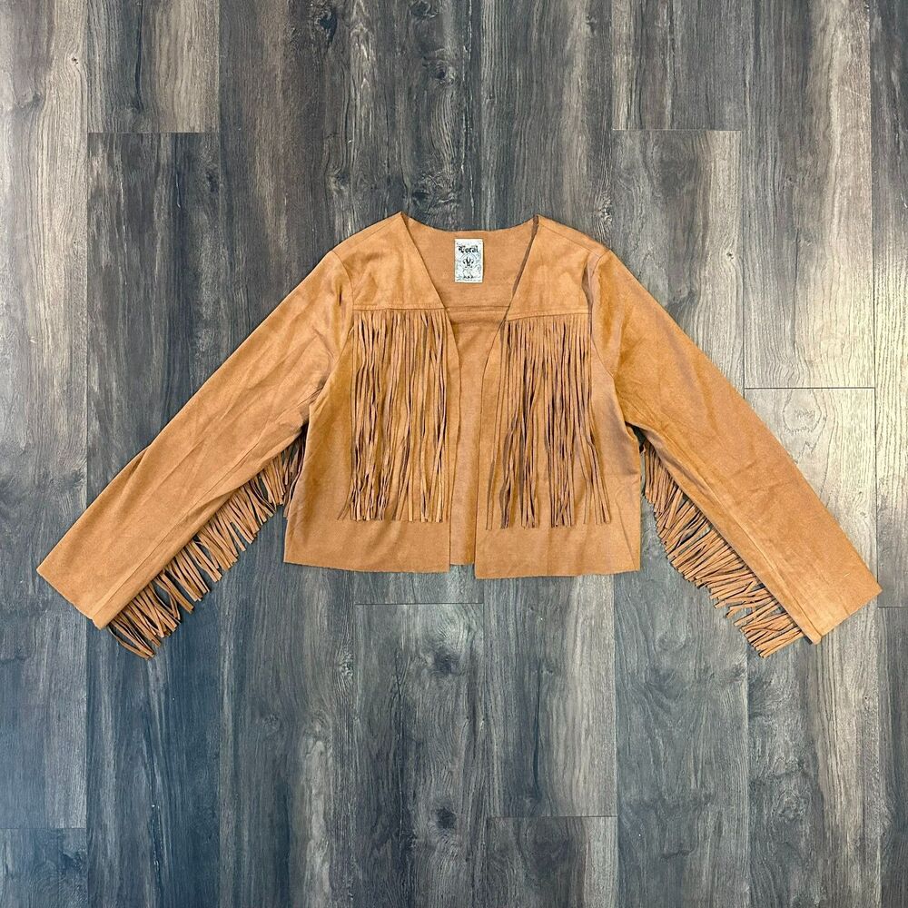 Brown Full Fringe Light Jacket Faux Suede Open Front Western Crop fit Size Large